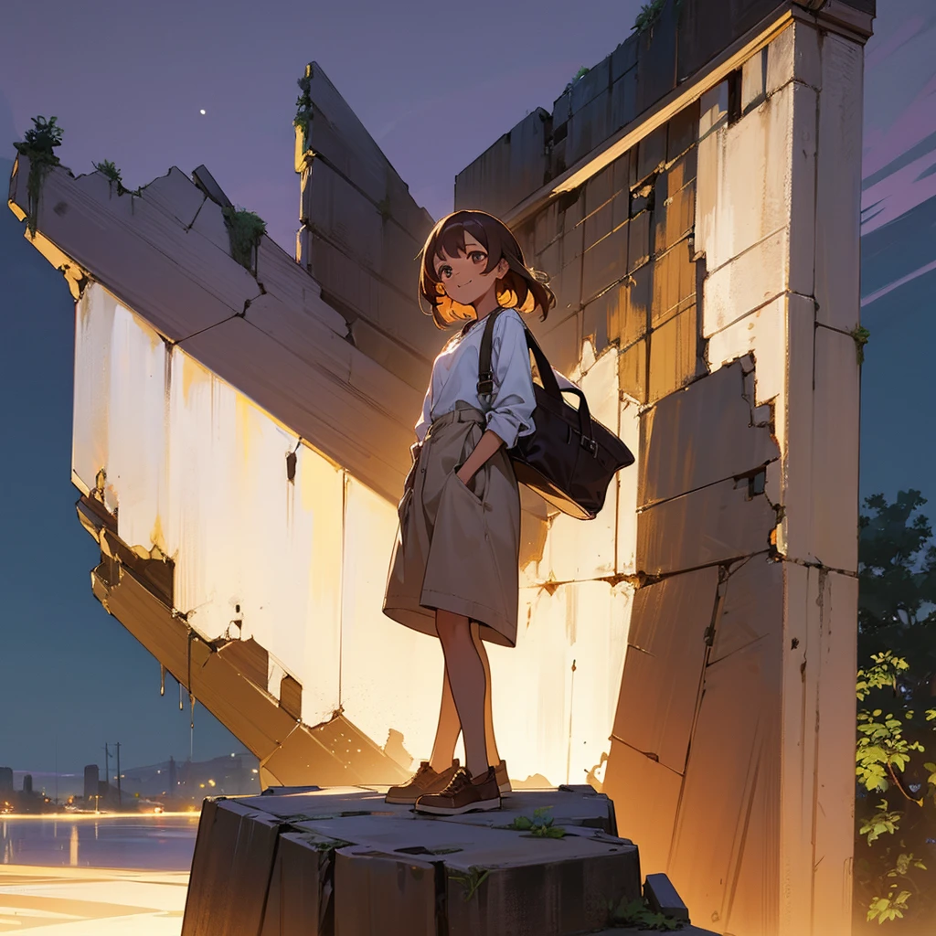 1female, young adult, tan skin, finely detailed lavander eyes, straight medium hair, brown hair, casual clothing, standing on ruined building, night time, happy expression