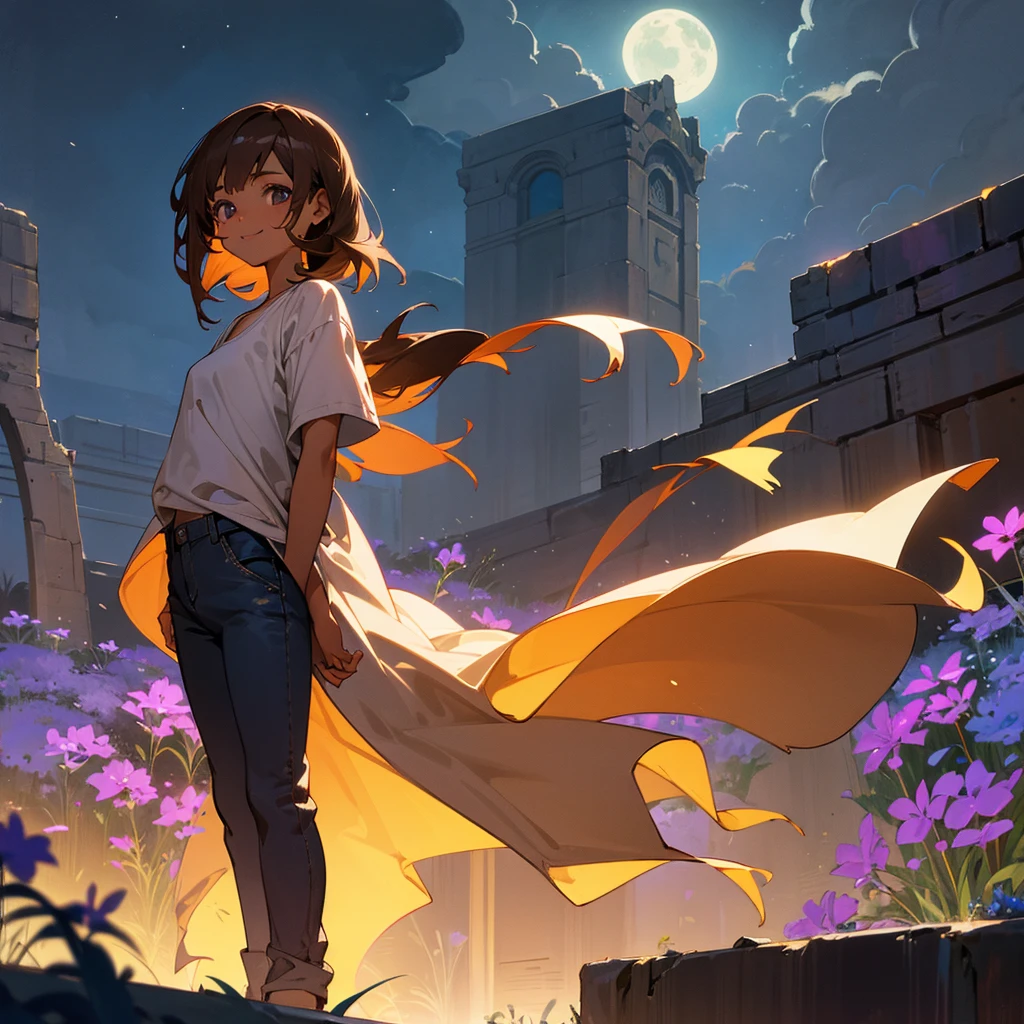 1female, young adult, tan skin, finely detailed lavander eyes, straight medium hair, brown hair, casual clothing, standing on ruined building, night time, happy expression