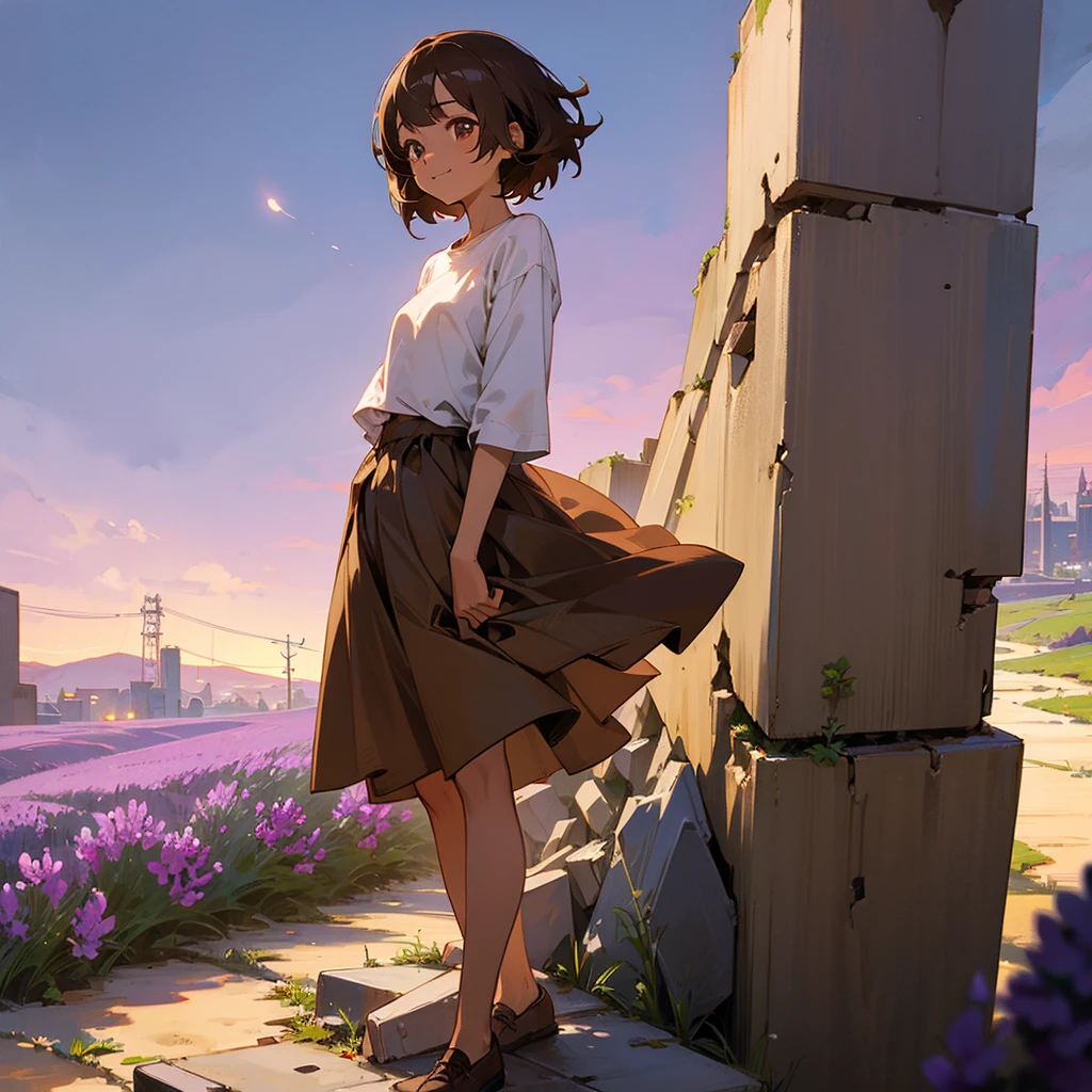 1female, adult, tan skin, finely detailed lavander eyes, straight medium hair, brown hair, casual clothing, standing on ruined building, night time, happy expression