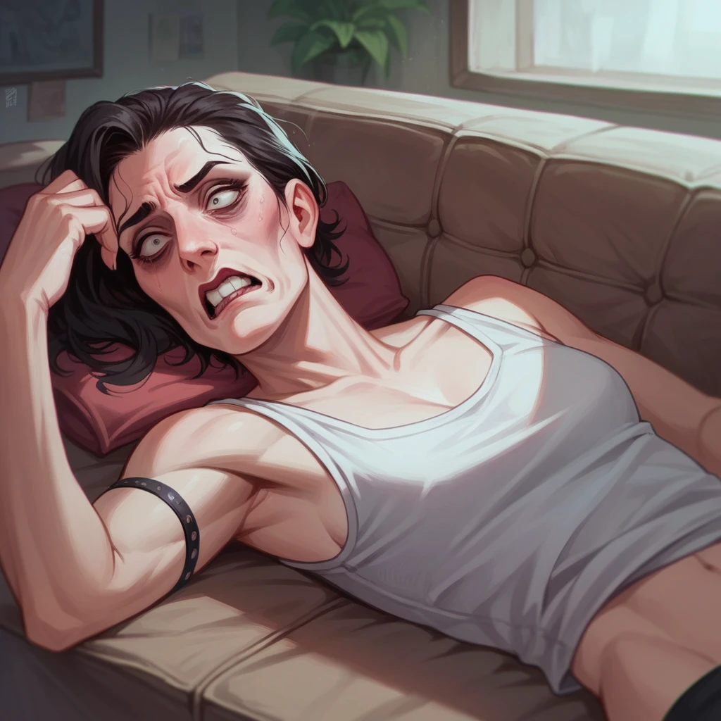 A girl, lying on the sofa, looks very enjoyable, Caravaggio style, looks depressing, high quality, ultra-detailed, crazy details, 4K