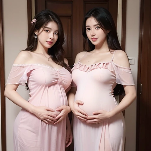 A woman,30s,Married Woman ,mother in law,A pregnant woman,pregnant,Big belly,Big belly with twins,10 months pregnant,Pretty Face,Sexy body,Long hair,Wearing a pink transparent off-shoulder dress,