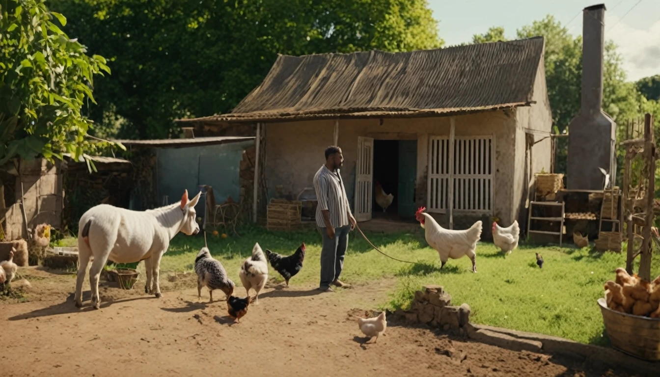 create an image for a video cover, like a film advertisement at the cinema, rural house, black man in front, backyard with dog, chickens, pigs, donkey