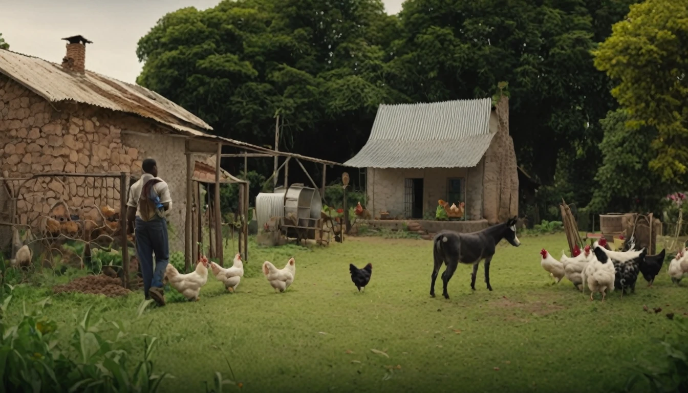 create an image for a video cover, like a film advertisement at the cinema, rural house, black man in front, backyard with dog, chickens, pigs, donkey