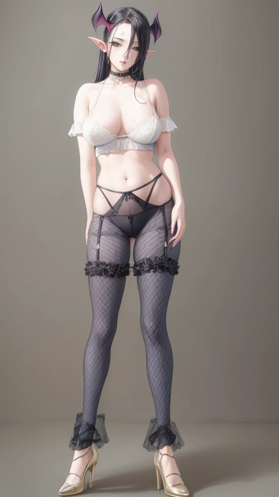 Succubus, sexy lingerie fishnet pantyhose, large breasts, full body, simple background, 