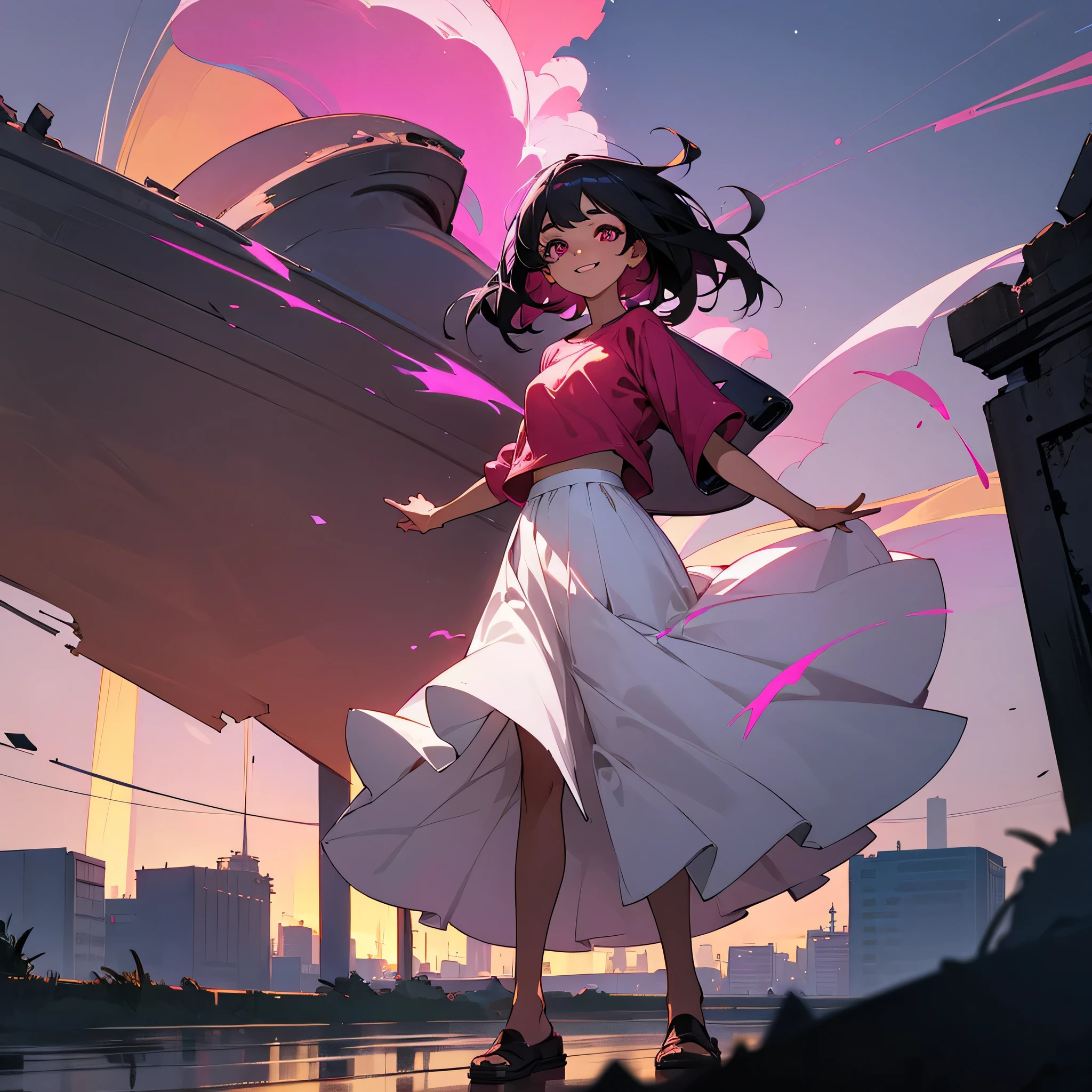 1female,  adult, tan skin, finely detailed magenta eyes, straight medium hair, black hair, skirt, casual clothing, standing on ruined building, night time, happy expression