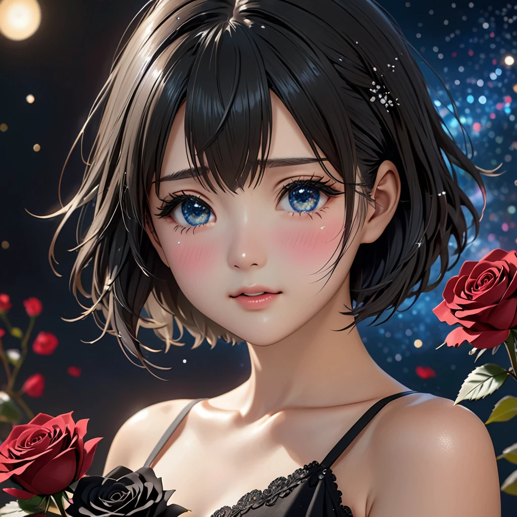 National Science Foundation,masterpiece,High resolution,8K,Art,digit,Three-dimensional,Realism,Kyoto Animation Style,your name movie style,cute,baby face,look into camera,Complex black roses background,(1 female: 1.3),(alone: 1.4),(Upper body nudity),,Hand holding bouquet of black roses,Long eyelashes,Long thin legs,Short Bob,Close-up of upper body,Close-up,Close up,Starry sky at night,Eyes as deep as the starry sky,blush,shy,cry,(Tears)