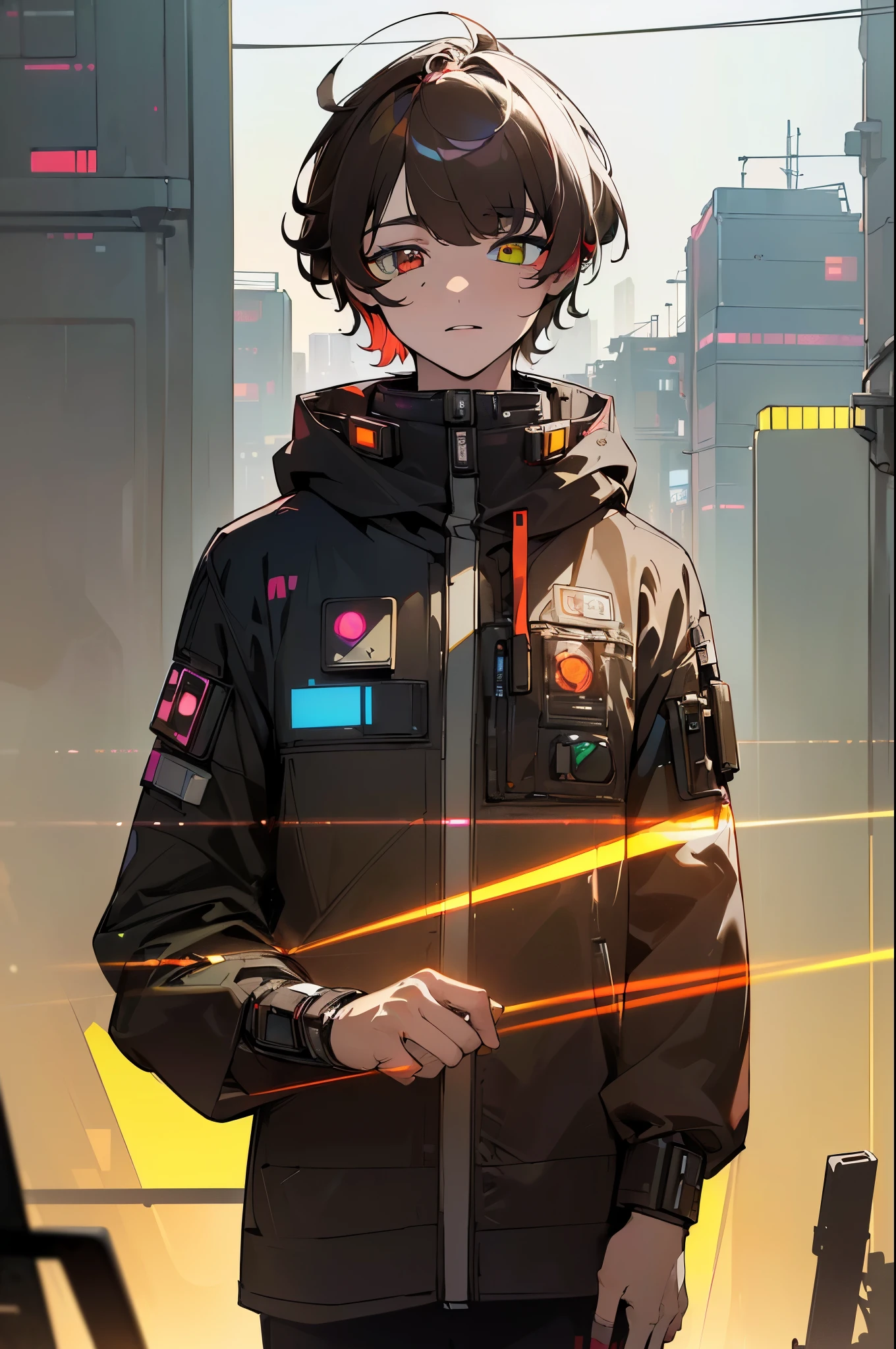 (artwork:1.2), (masterpiece:1.3), (best quality:1.2), (best artist:1.2), (indirect linear lighting:1.3), (best desinger:1.3), (Wlop:1.1), (extremely detailed CG 8k unit wallpaper), (1boy), short brown hair, (multicolored eyes+heterochromia:1.5), wearing clothes (cyberpunk electronics:1.2), (futuristic city background:1.3), highlighting multicolored eyes with heterochromia.