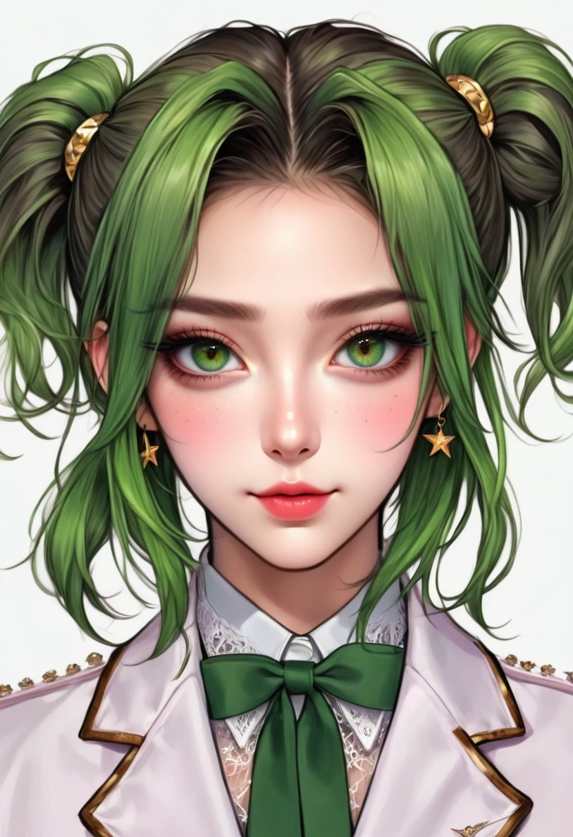 (Digital Illustration,Detailed anime style girl portrait,Solitary,symmetry),(Big colorful eyes,Fashionable and exquisite facial features,Exquisite makeup,Sweet smile,Star symbol mark on cheek,Soulful gaze,),(Fluffy high ponytails,Hairpin),(White high collar lace shirt,Green suit,Epaulettes-Chain,cool,),Clean and simple white background,(((Correct human anatomy))),(((sunshangxiang)))