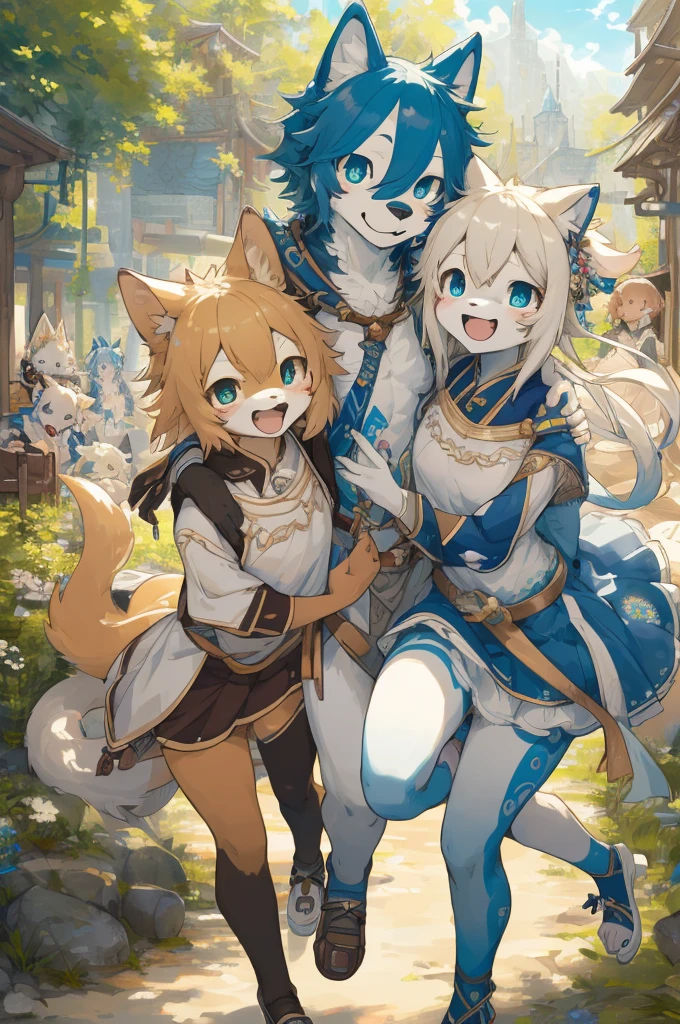 Highest quality, Highest quality, High quality illustrations, masterpiece, Ultra-high resolution, Detailed Background, Detailed Background, goddess、Group shot:0.1, 6+boy, 6+girl, Happy, Joyful, Absurd(Very exquisite beautiful face and eyes)Perfect Anatomy(kemono, Furry Personification),