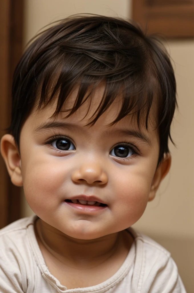 A  with short brown hair who has brown eyes and light skin 