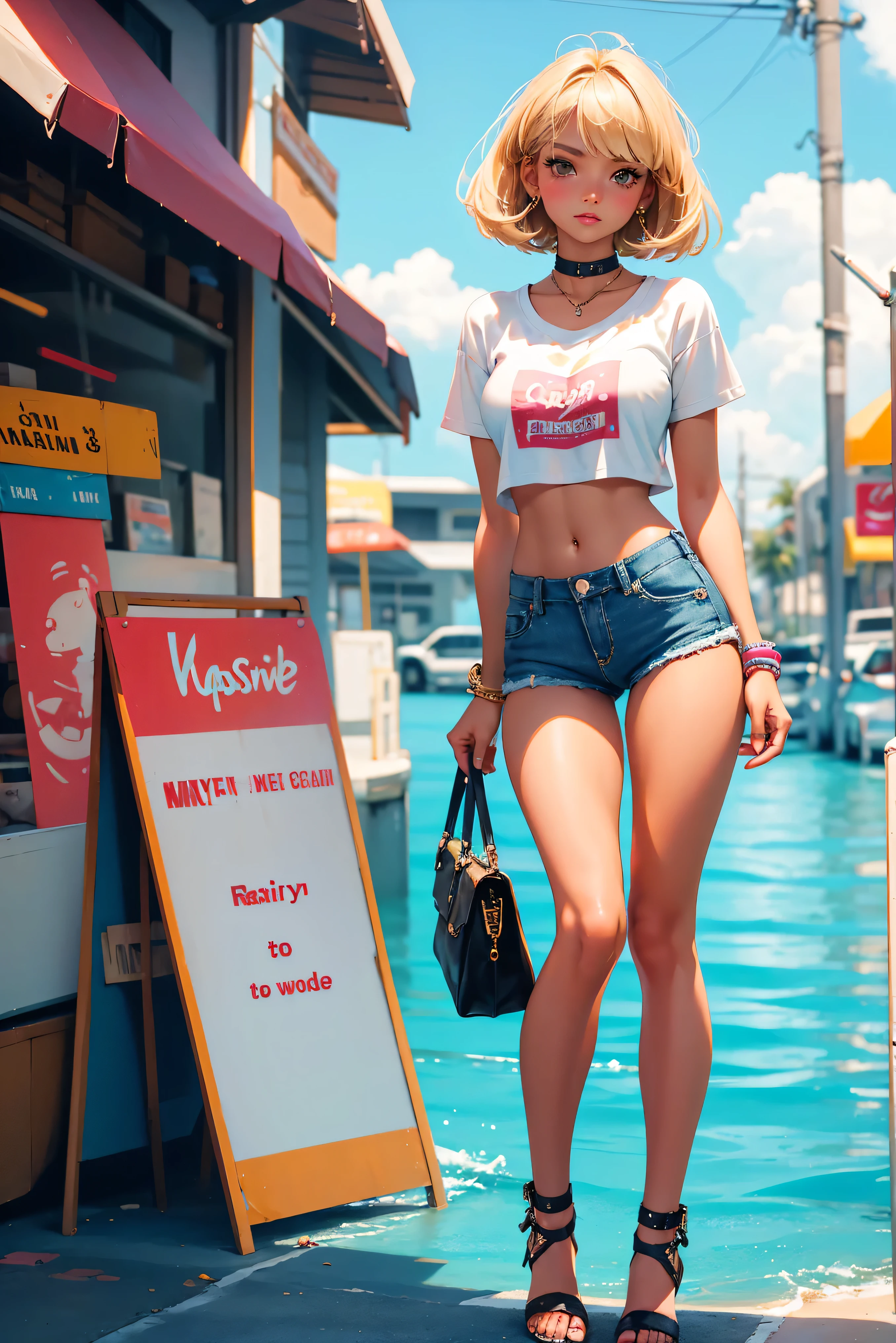 Teenage girl-model 18 years old, beautiful, tanned, blonde, bob hair, bangs, brown eyes, beautiful figure, girl wearing crop shirt and too short mini shorts, beautiful long legs, slave bracelets, slave choker, manicure, cute makeup, flirtatiously posing, hot summer, hot flirty, sexy posing, summer outfit, top quality, higest quality, pin-up style, retro 80s style, Daisy Dukes style, Miami vibes, Californian