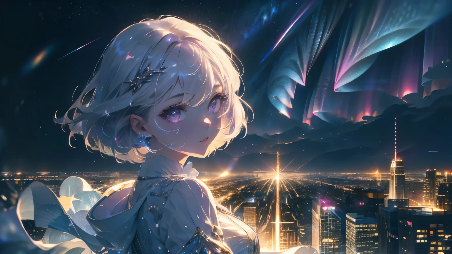 ((​masterpiece,hight resolution,8K picture quality,top-quality)),1girl in,((extra detailed face)),femele,Delicate eyes,((Purple eyes)),((hairstyle on:Very short,White hair)),lensflare,Dramatic makeup,look back and smile,Natural complexion,large full breasts,Diffuse reflection of light(colourfull:1.5),aurora night sky,Star-filled sky,City of Snow,Night illumination,City of buildings at night seen from a high place,full bodyesbian,