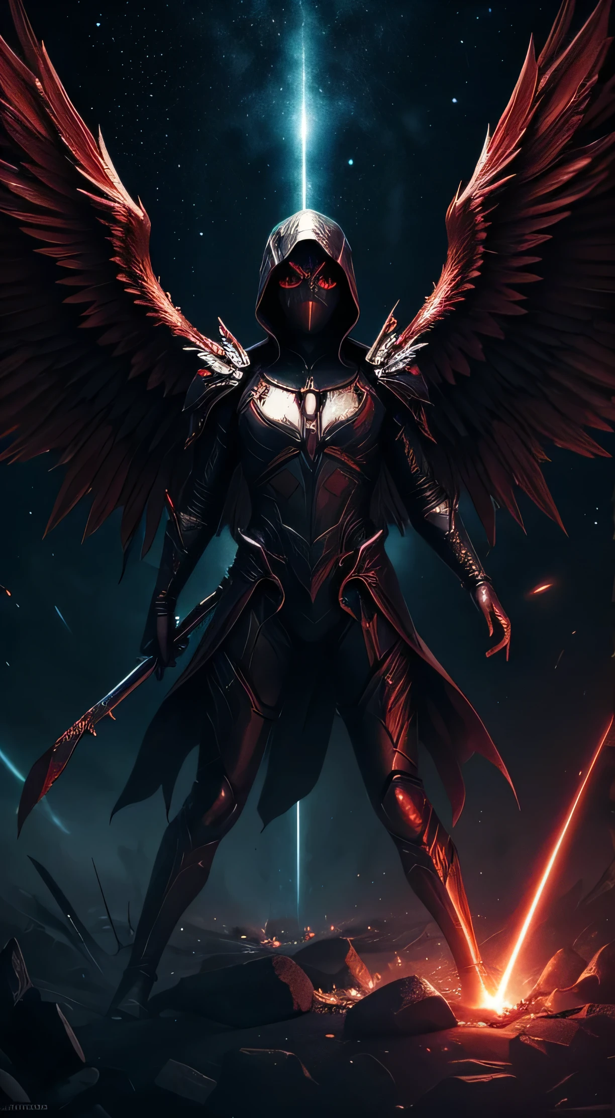 masterpiece, best quality, absurdres, 4k, 8k, uhd 
create fallen archangel,detailed angel wins, bloodlust, red glowy eyes, eerie, creepy, nightmarish, very bright colors, light particles, wallpaper art, cosmic energy,high detailed
 