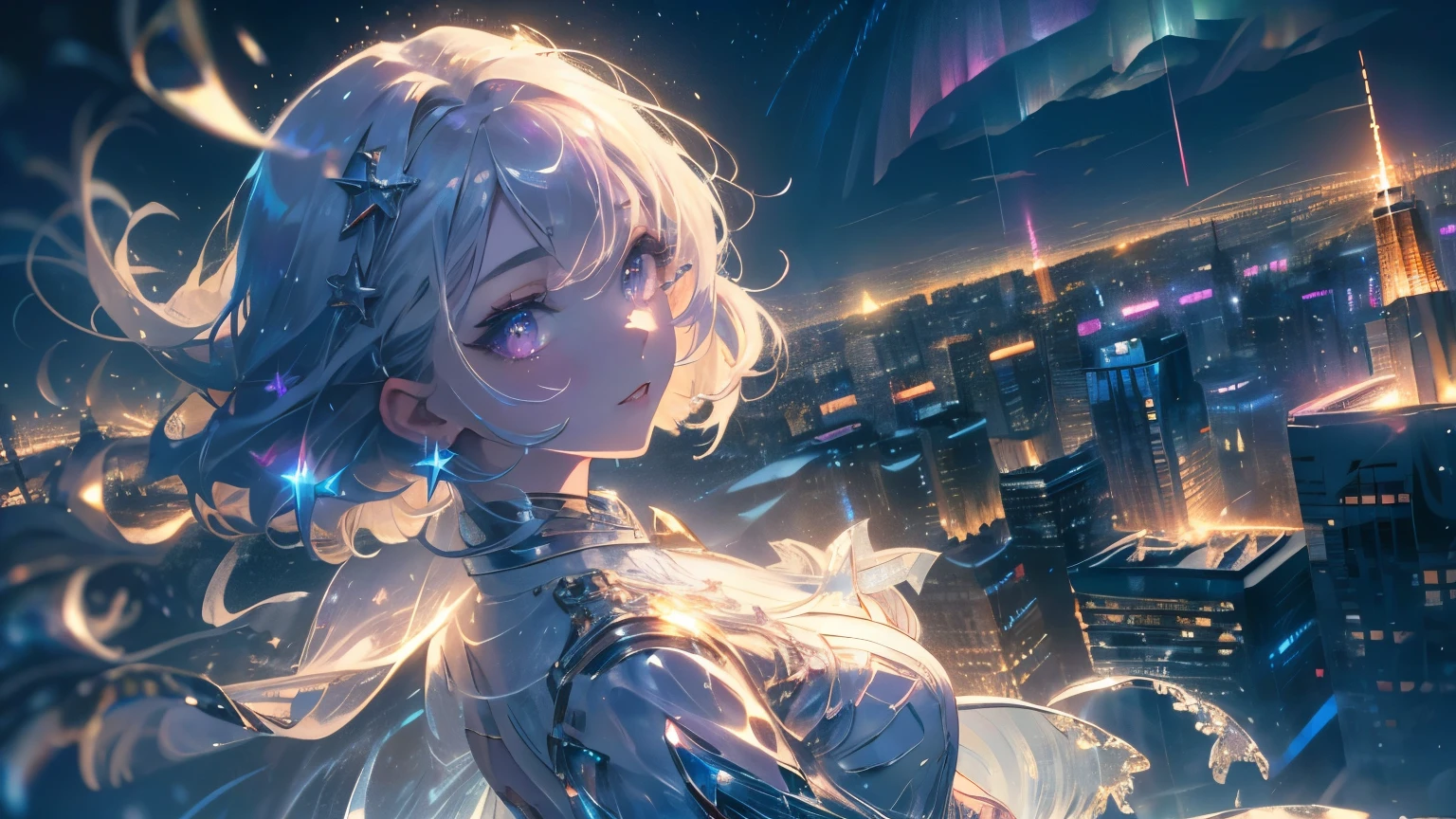 ((masterpiece,hight resolution,8K picture quality,top-quality)),1girl in,((extra detailed face)),femele,Delicate eyes,((Purple eyes)),((hairstyle on:Very short,White hair)),lensflare,Dramatic makeup,look back and smile,Natural complexion,large full breasts,Diffuse reflection of light(colourfull:1.5),aurora night sky,Star-filled sky,City of Snow,Night illumination,City of buildings at night seen from a high place,full bodyesbian,