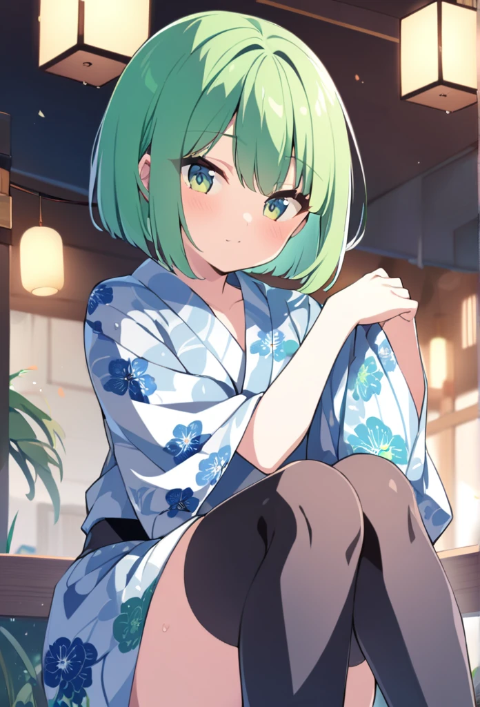 1 girl, cute, young, green hair, bob haircut, green eyes, yukata, thigh high,