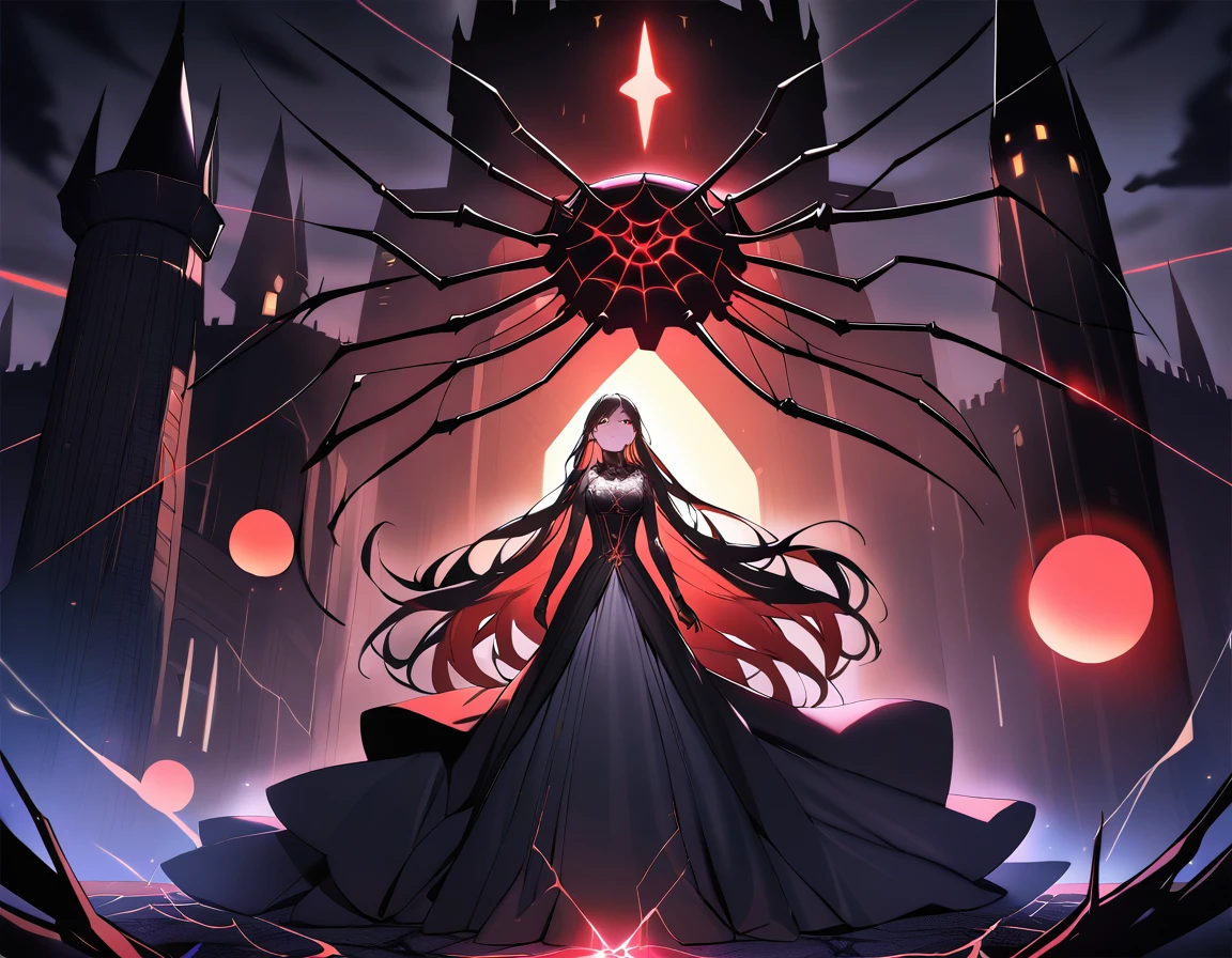 anime beautiful demon women, shark teeth, long hair, night, (standing in the dark room), eyes, wicked smile, detailes, 4k, room, full body