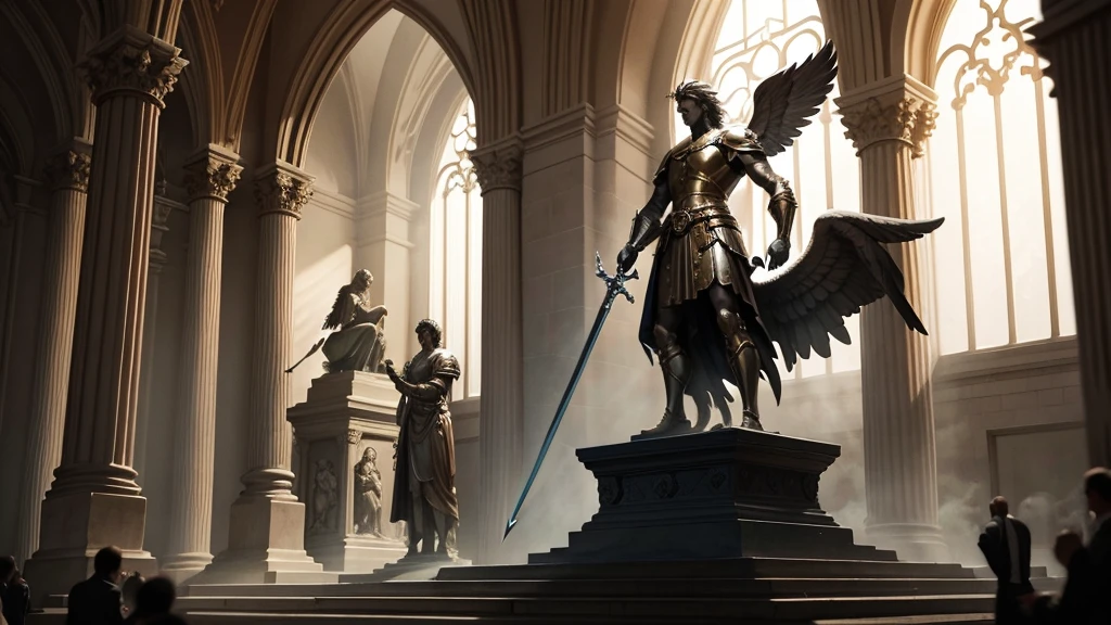 Cinematic image with rich details of a statue of Saint Michael the Archangel wearing a warrior's outfit, raising his sword and stepping on the devil's head