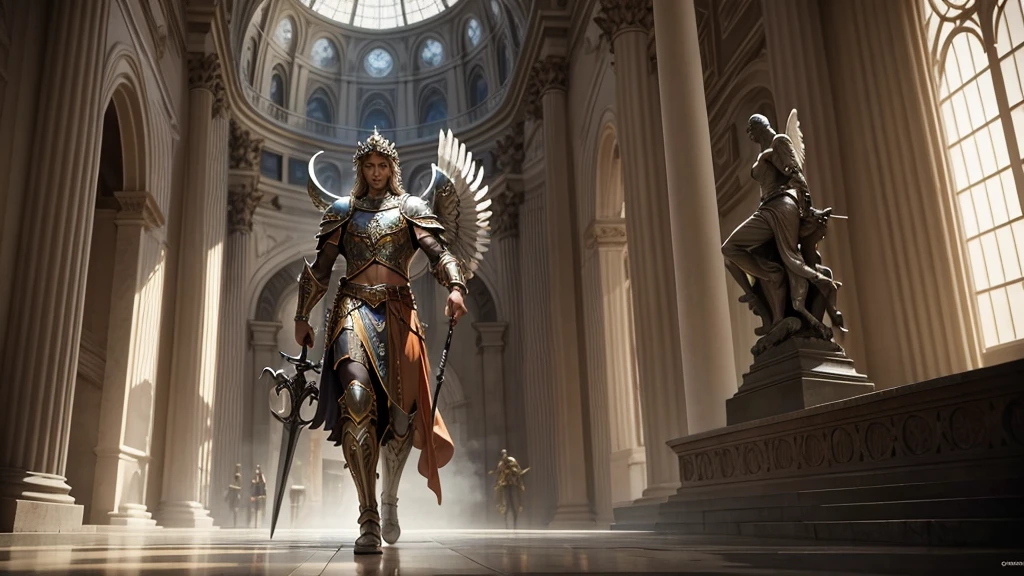 Cinematic image with rich details of a statue of Saint Michael the Archangel wearing a warrior's outfit, raising his sword and stepping on the devil's head