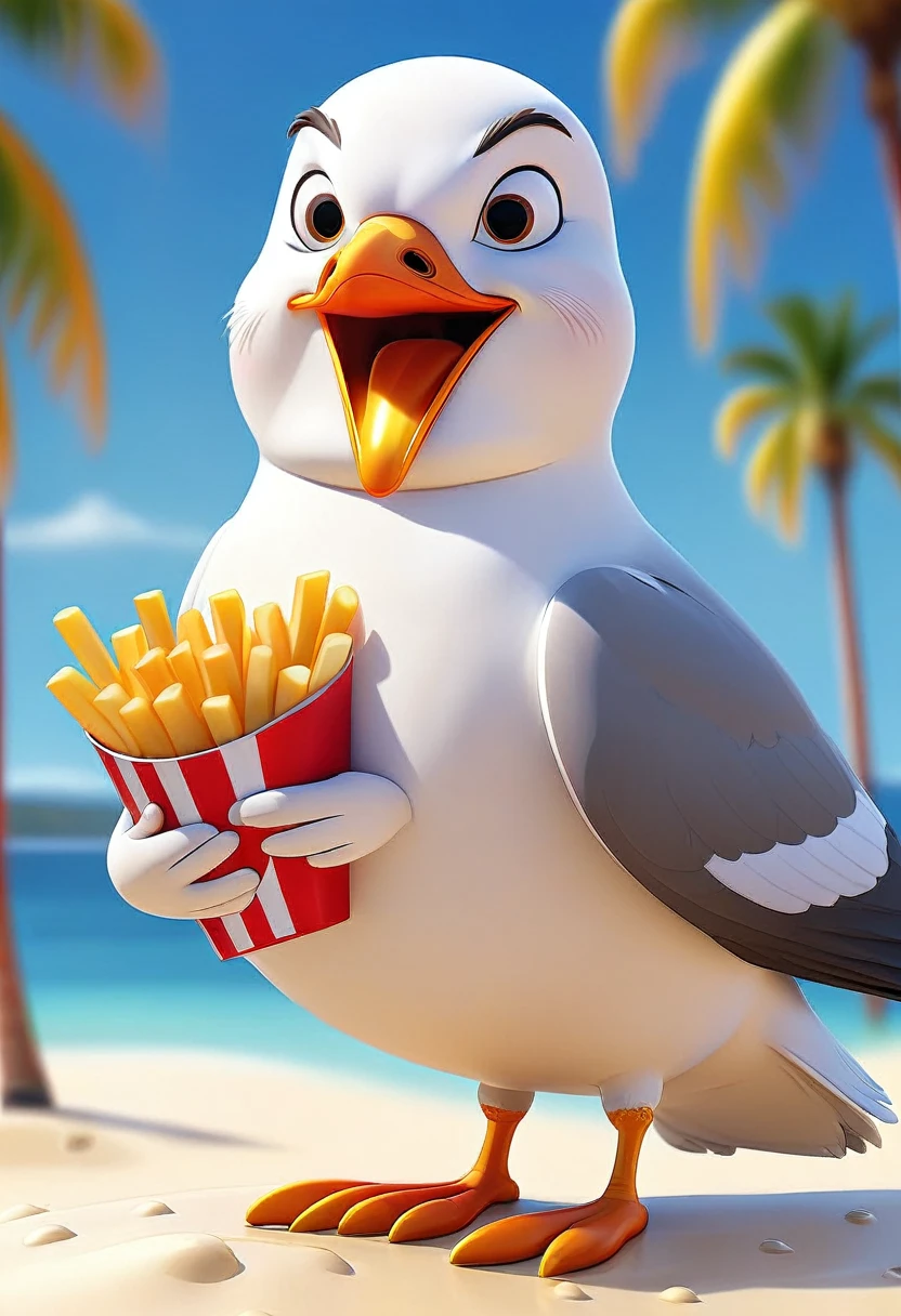 a chubby seagull eating french fries, seaside resort, beautiful beach, digital art, whimsical illustration, french fries buffet, many french fries, enjoying vacation, relaxation, palm trees