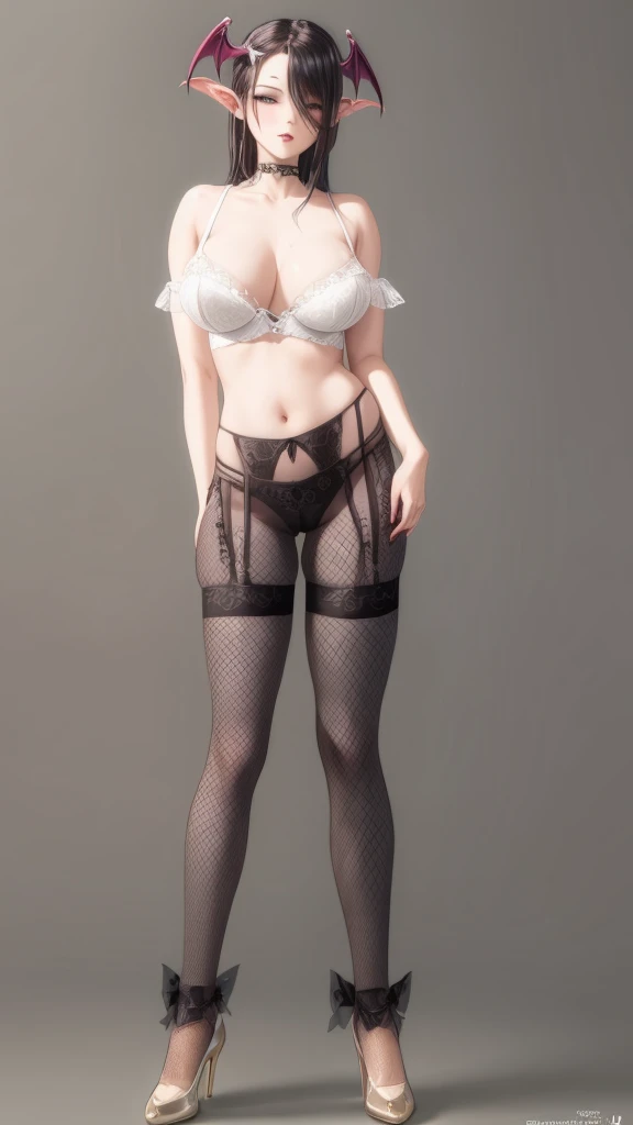 Succubus, sexy lingerie fishnet pantyhose, large breasts, full body, simple background, 