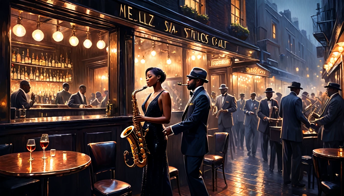 Impressionist painting, a moody scene at a intimate jazzclub, dark and smokey, a sole saxophonist is playing the gig of a lifetime, insane intricate detail, award winning art, raytracing, sharp focus, 8k, hdr, masterpiece, professional, highly detailed, perfect hands