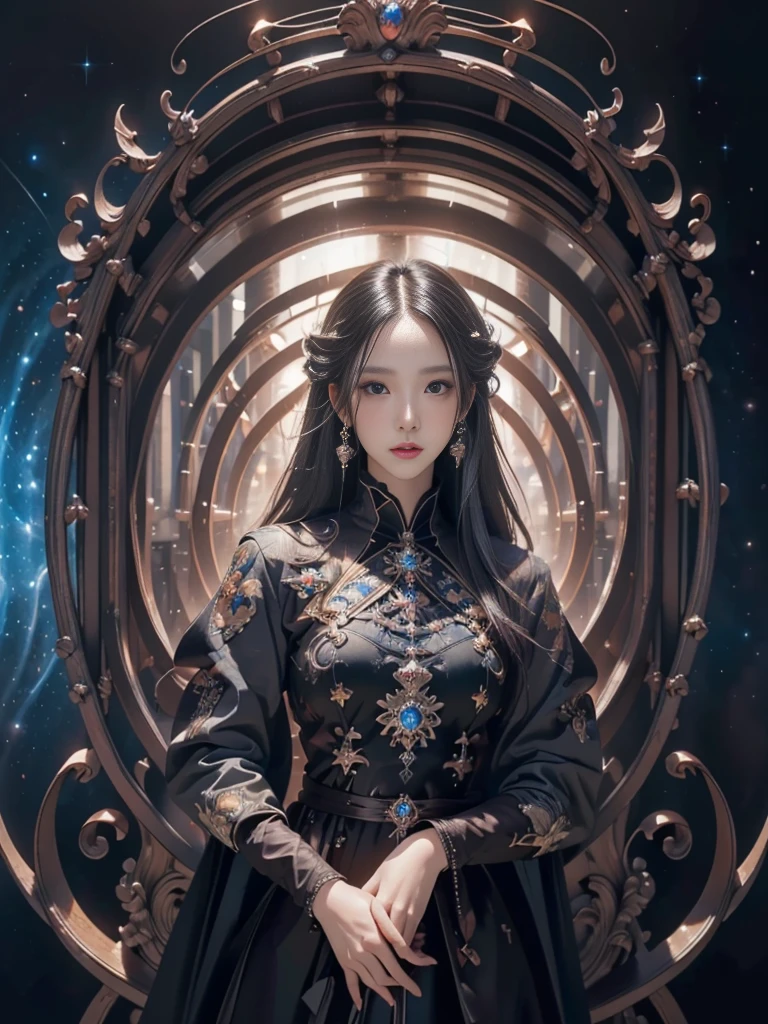 ((masterpiece)), ((Highest quality)), ((High resolution)), ((Detailed Background)), ((Highly detailed CG Unity 8k wallpaper)), alone, shiona、Black Hair, Long Hair, blue eyes, Hair bundle, Cowboy Shot, Nude 1.5、See-through 1.2，Cover your chest with your hands、Another World View、universe space、