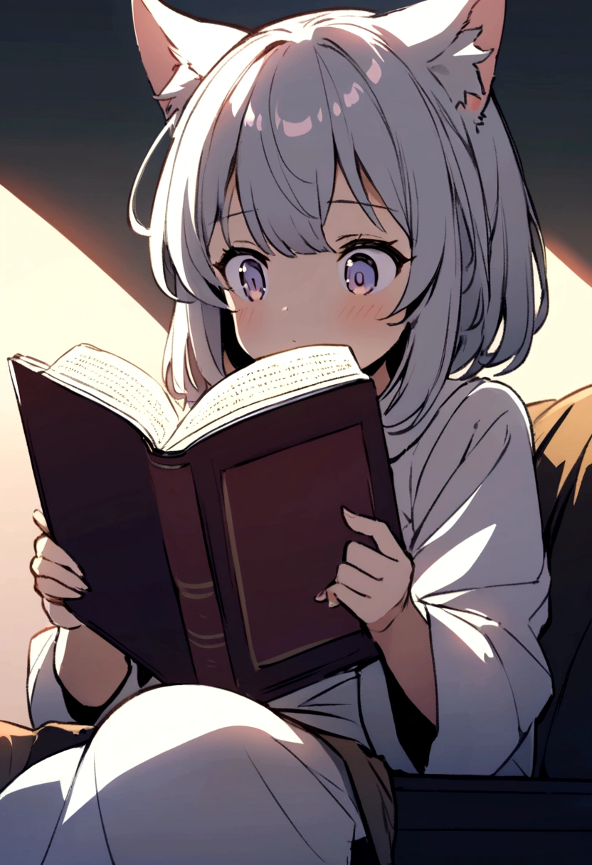 Cute anime cat girl reading a C programming language book looking confused, Standard C programming, high quality, looking at the book