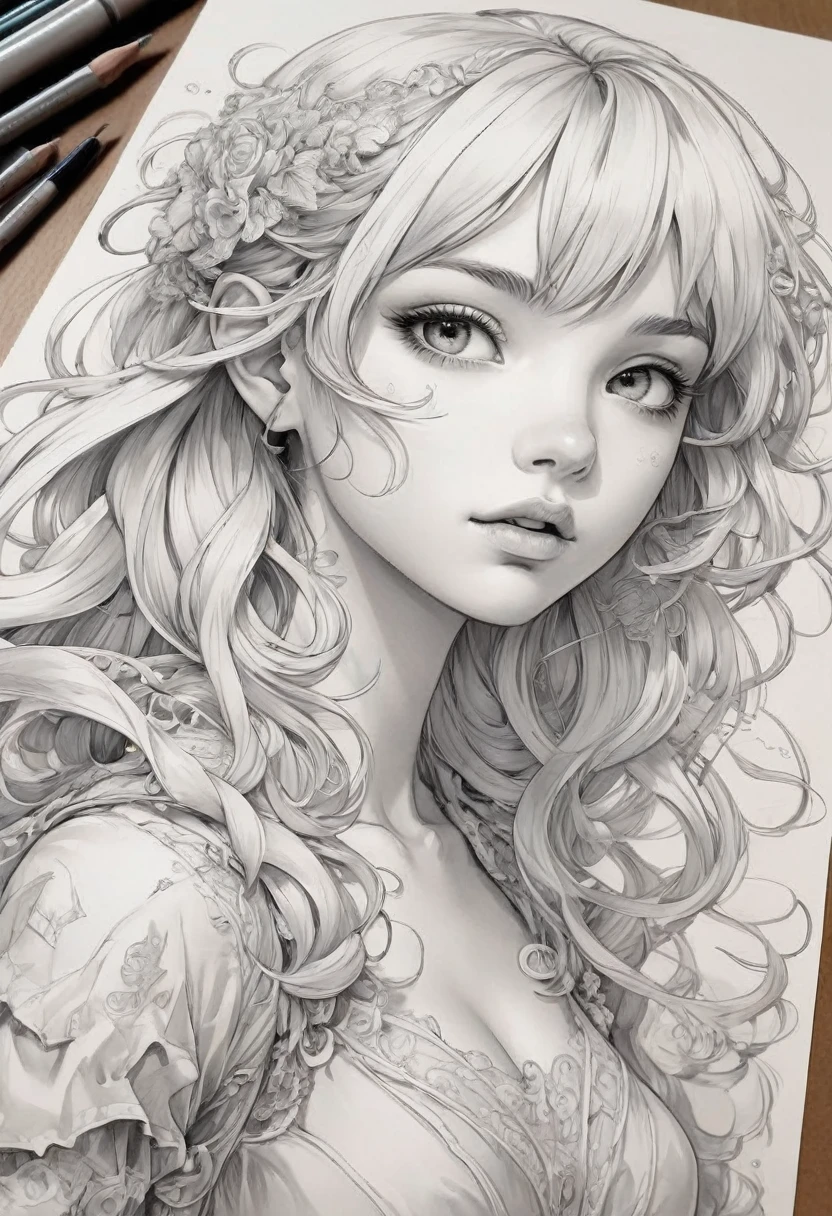 Anime line art, by lois van baarle, best quality, masterpiece, very aesthetic, perfect composition, intricate details, ultra-detailed