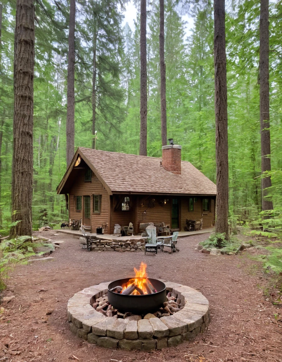 a small cabin with a fire pit in the woods, cottagecore, cottagecore hippie, cottagecore!!, cottage in the woods, cozy place, cottage in the forest, cabin in the woods, house in forest, nestled in a forest, cozy setting, cottage hippie naturalist, a brick cabin in the woods, cozy environment