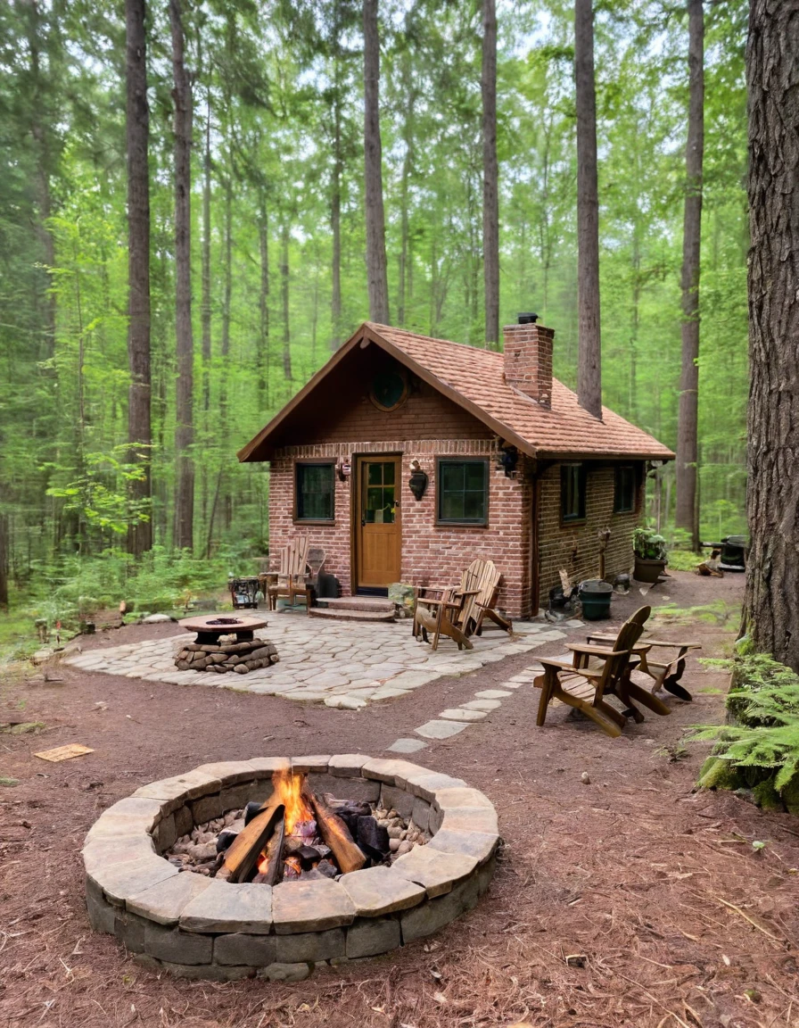 a small cabin with a fire pit in the woods, cottagecore, cottagecore hippie, cottagecore!!, cottage in the woods, cozy place, cottage in the forest, cabin in the woods, house in forest, nestled in a forest, cozy setting, cottage hippie naturalist, a brick cabin in the woods, cozy environment
