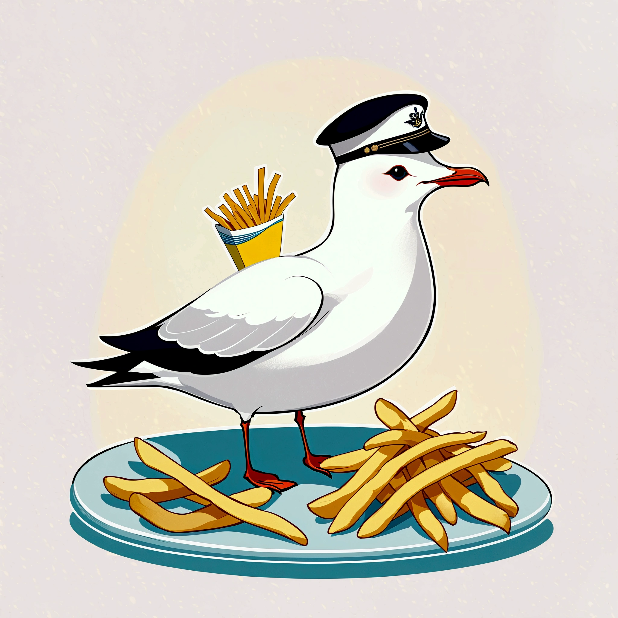 Fixes,cute illustration,sailor style seagull,There are French fries near Kamemono.,This design is used for Scandinavian goods, T-shirts, etc.,(Influenced by Lisa Laurent),Illustrations drawn by picture book authors,(minimalist),(simple and cute),seagull,sailor's hat,french fries,anatomically correct,best composition,Eye-friendly color balance,nordic style,This is an illustration popular with women and children.,cute,fancy,Please draw carefully,kind,perfect anatomy
