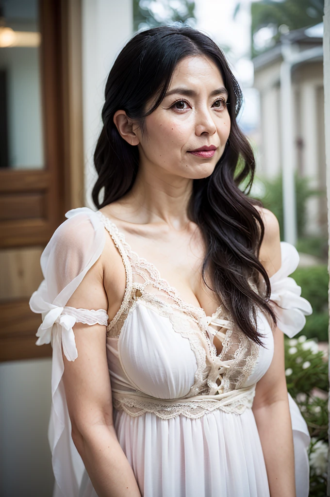 NSFW, ((highest quality)), ((8K)), ((masterpiece:1.3)), (be familiar with), perfect face, ((japanese woman)), (Married woman), ((47 years old)), (( giant big big sagging breasts:1.4 )), large hips, slim waist (((Layering petticoat dress and underwear))), ((Silk petticoat dress)), (Transparent white pericoat dress:1.05), (white bra:1), (2 sets of shoulder straps), (Bunty), (wrinkles on the face:1.2), ((wrinkles at the corners of the eyes)), A slightly gloomy look, (lips slightly open), (Look diagonally forward to the left:1.3), (Long wavy hair), double upper eyelid, (whole body), standing posture, barefoot,