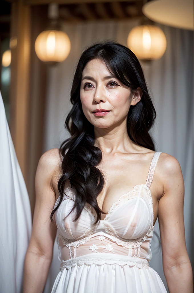 NSFW, ((highest quality)), ((8K)), ((masterpiece:1.3)), (be familiar with), perfect face, ((japanese woman)), (Married woman), ((47 years old)), (((Layering petticoat dress and underwear))), ((Silk petticoat dress)), (Transparent white pericoat dress:1.05), (white bra:1), (2 sets of shoulder straps), (Bunty), (wrinkles on the face:1.2), ((wrinkles at the corners of the eyes)), A slightly gloomy look, (lips slightly open), (Look diagonally forward to the left:1.3), (Long wavy hair), double upper eyelid, (whole body), standing posture, barefoot,