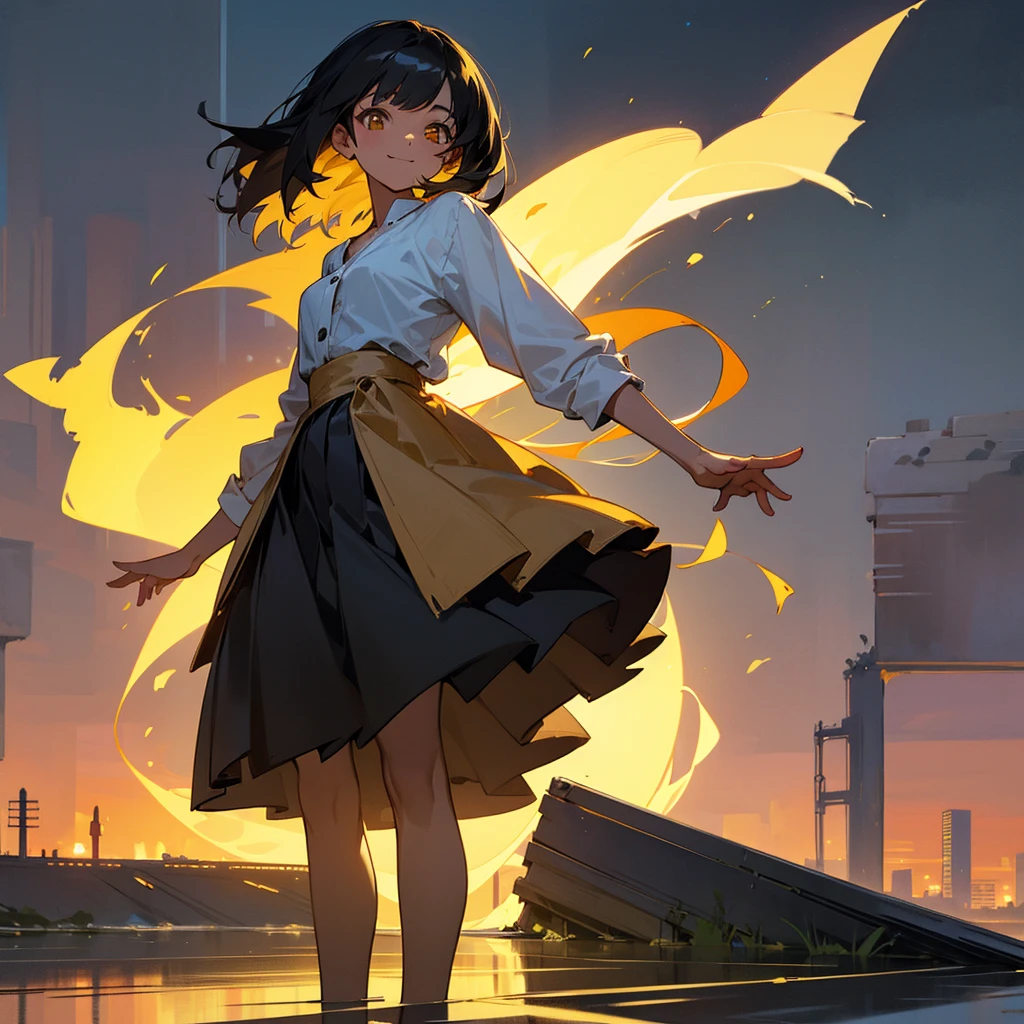 1female, young adult, tan skin, finely detailed golden eyes, straight medium hair, black hair, skirt, casual clothing, standing on ruined building, night time, happy expression