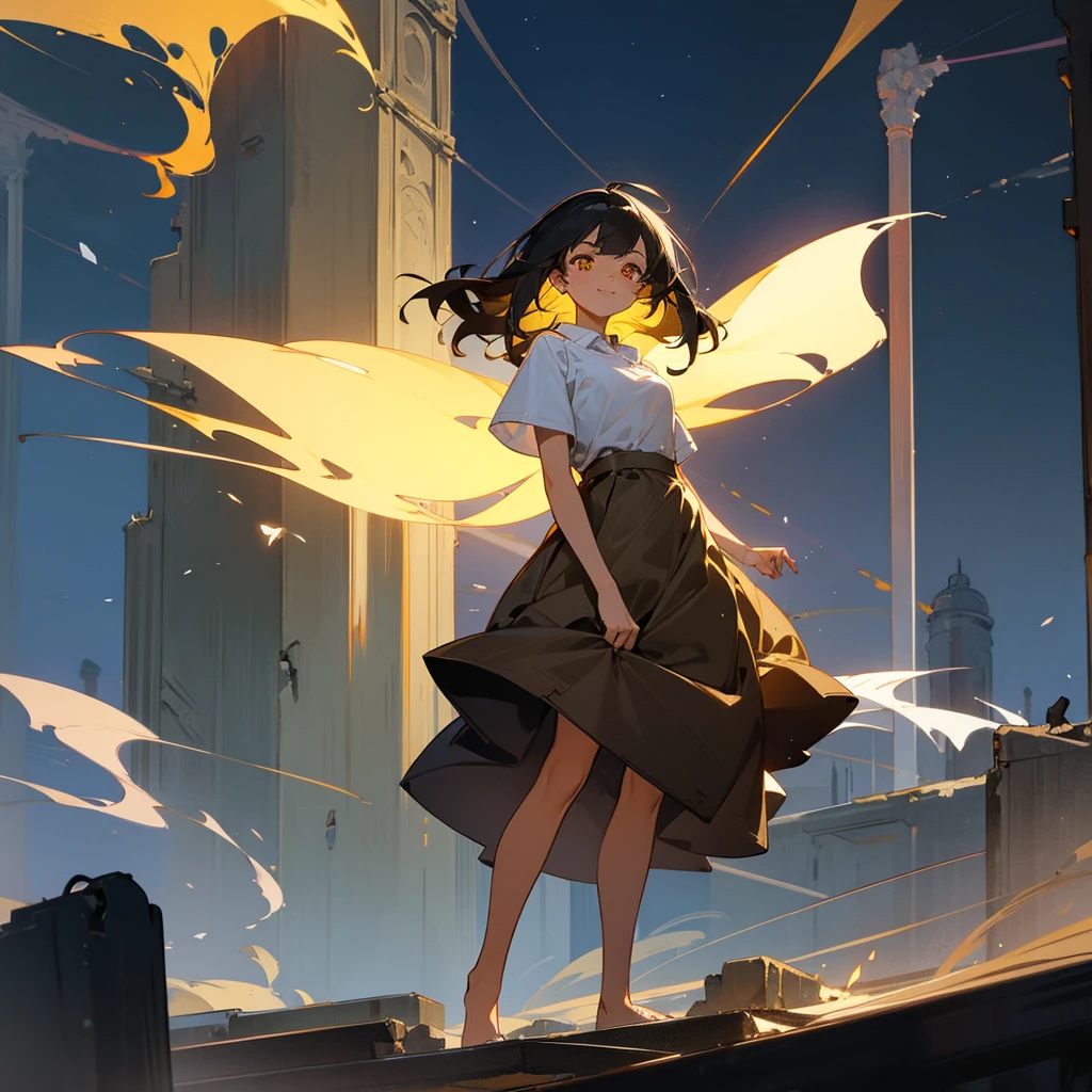 1female, young adult, tan skin, finely detailed golden eyes, straight medium hair, black hair, skirt, casual clothing, standing on ruined building, night time, happy expression