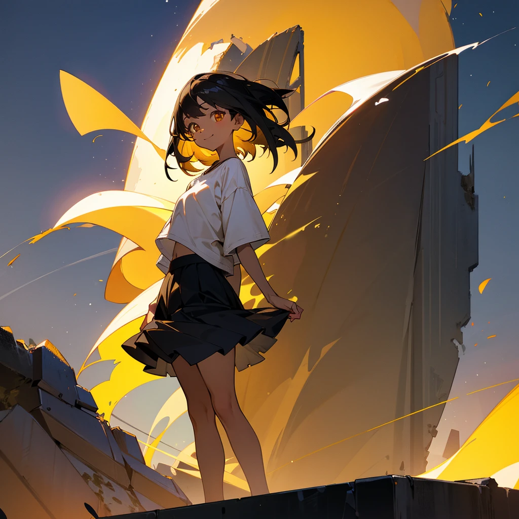 1female, young adult, tan skin, finely detailed golden eyes, straight medium hair, black hair, skirt, casual clothing, standing on ruined building, night time, happy expression