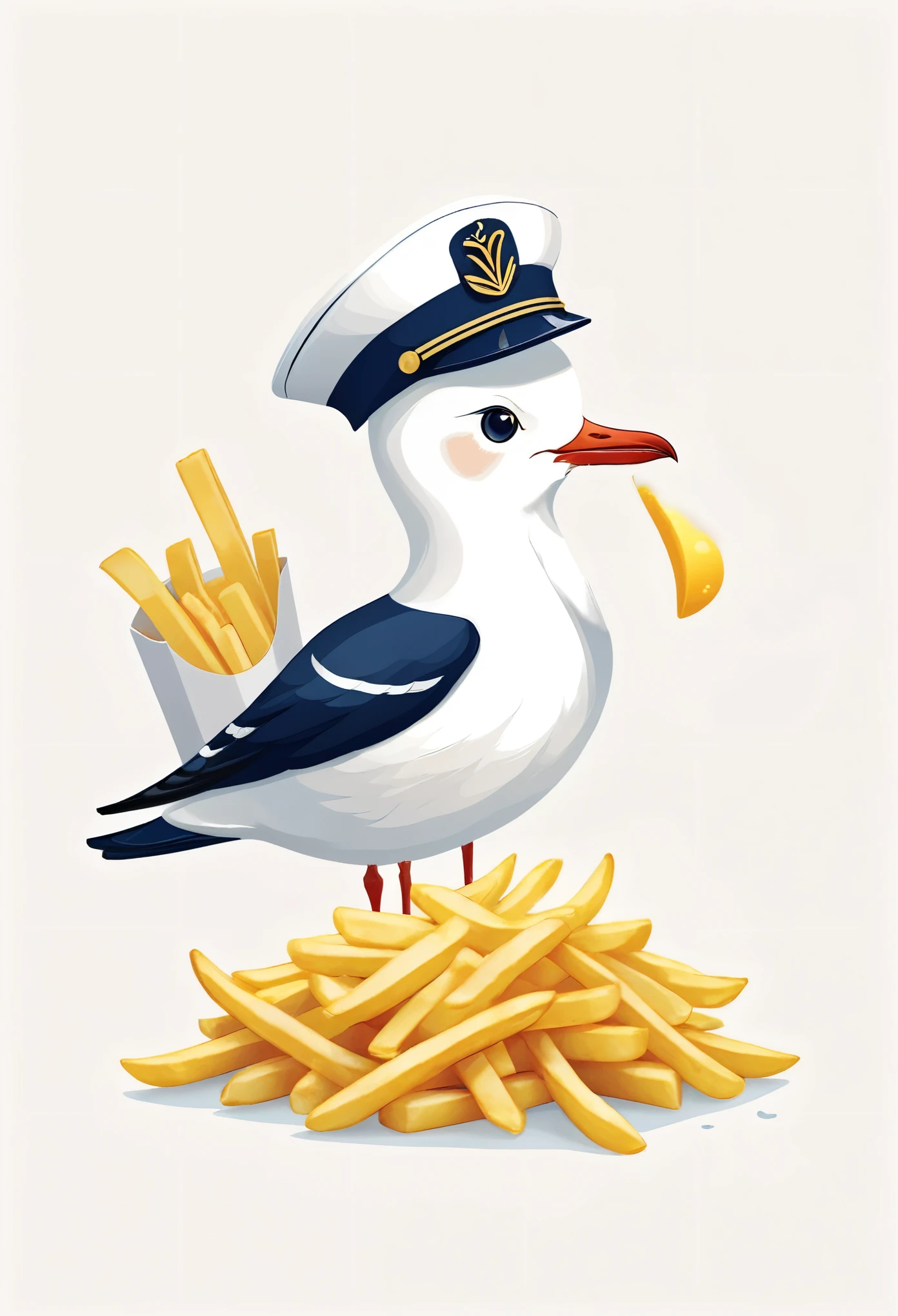 Fixes,cute illustration,A sailor-style seagull is adding French fries to its beak,This design is used for Scandinavian goods, T-shirts, etc.,(Influenced by Lisa Laurent),Illustrations drawn by picture book authors,(minimalist),(simple and cute),white background,seagull,sailor's hat,french fries,best composition,Eye-friendly color balance,nordic style,This is an illustration popular with women and children.,cute,fancy,Please draw carefully,kind