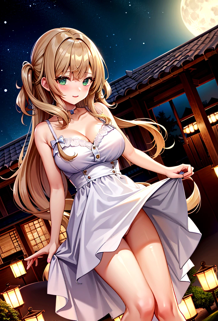 ((masterpiece)), ((best quality)), (ultra-detailed), ((extremely detailed)), 4K, (8K), best quality, (beautiful), a pretty woman, solo, beautiful light brown hair, beautiful green eyes, ((beautiful eyes)), triumphant look, smug look, self-satisfied look ,Masterpiece、White dress、Highest quality、Bunny ears、Tanned woman with big 、Brown Hair、forehead Long curlyWavy Hair、White shirt、Black Bra、Black panties、Hot spring inn、a bright moon shines over beautiful scenery of garden and river in night time, moon, architecture, tree, east asian architecture, full moon, scenery, night, cloud, sky、Lots of rabbits