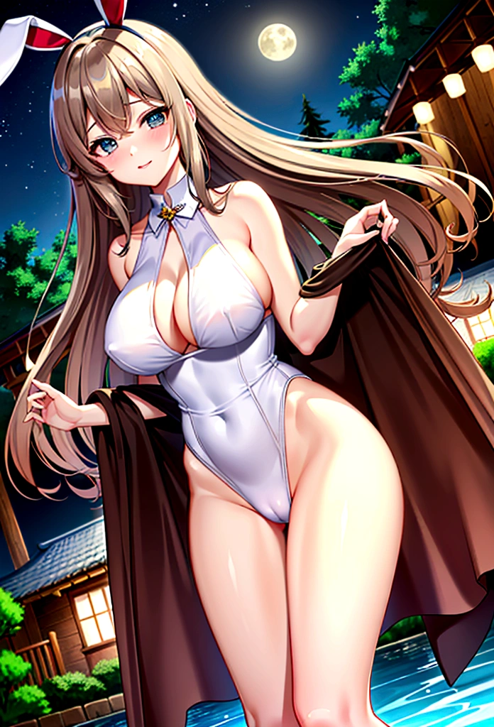 ((masterpiece)), ((best quality)), (ultra-detailed), ((extremely detailed)), 4K, (8K), best quality, (beautiful), a pretty woman, solo, beautiful light brown hair, beautiful green eyes, ((beautiful eyes)), triumphant look, smug look, self-satisfied look ,Masterpiece、White dress、Highest quality、Bunny ears、Tanned woman with big 、Brown Hair、forehead Long curlyWavy Hair、White shirt、Black Bra、Black panties、Hot spring inn、a bright moon shines over beautiful scenery of garden and river in night time, moon, architecture, tree, east asian architecture, full moon, scenery, night, cloud, sky、Lots of rabbits