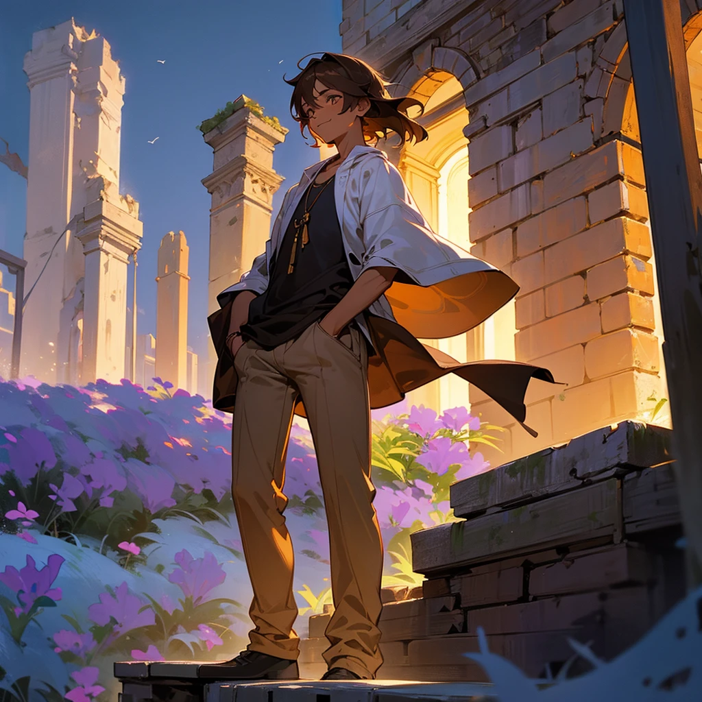 1male, young adult, tan skin, finely detailed lavander eyes, straight medium hair, brown hair, casual clothing, standing on ruined building, night time, happy expression
