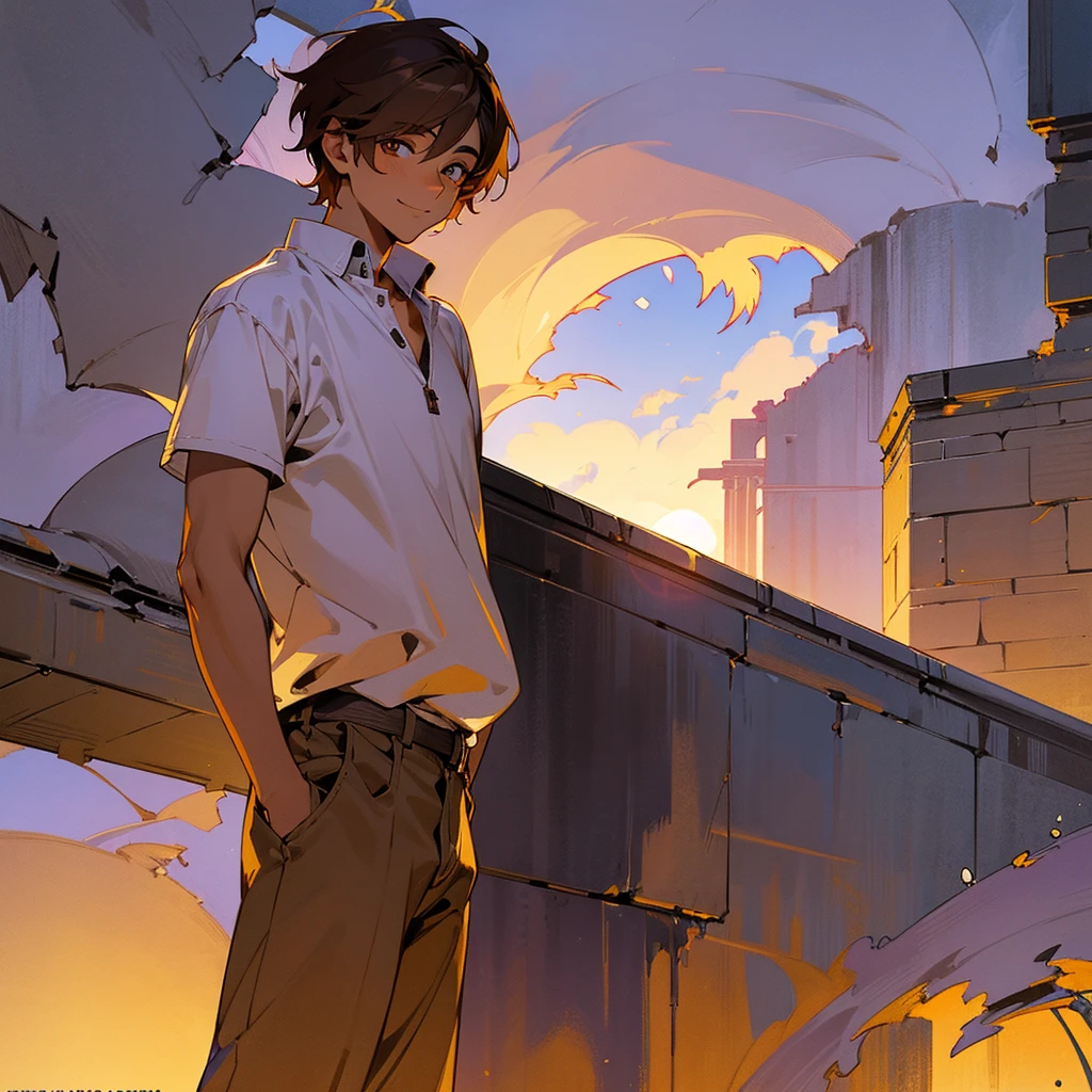 1male, young adult, tan skin, finely detailed lavander eyes, straight medium hair, brown hair, casual clothing, standing on ruined building, night time, happy expression