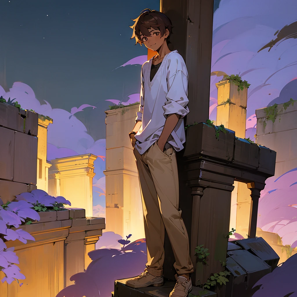 1male, young adult, tan skin, finely detailed lavander eyes, straight medium hair, brown hair, casual clothing, standing on ruined building, night time, happy expression