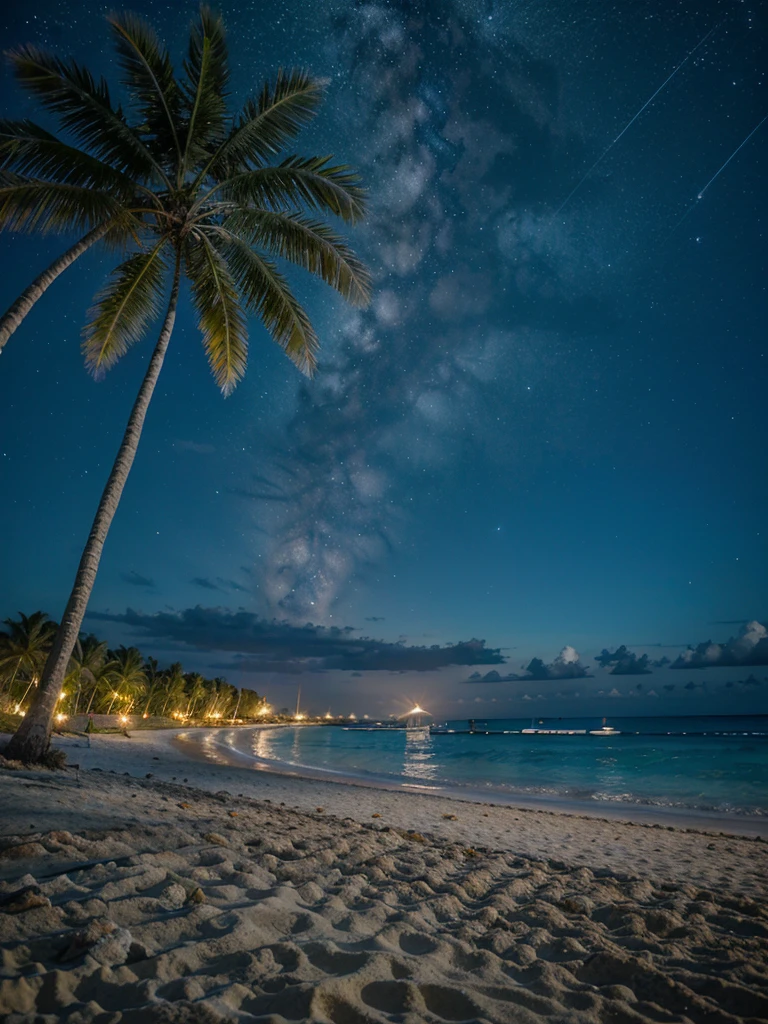 "A beach with clear, bright blue water, soft white sand, beautiful coconut trees, and a clear night sky filled with stars."