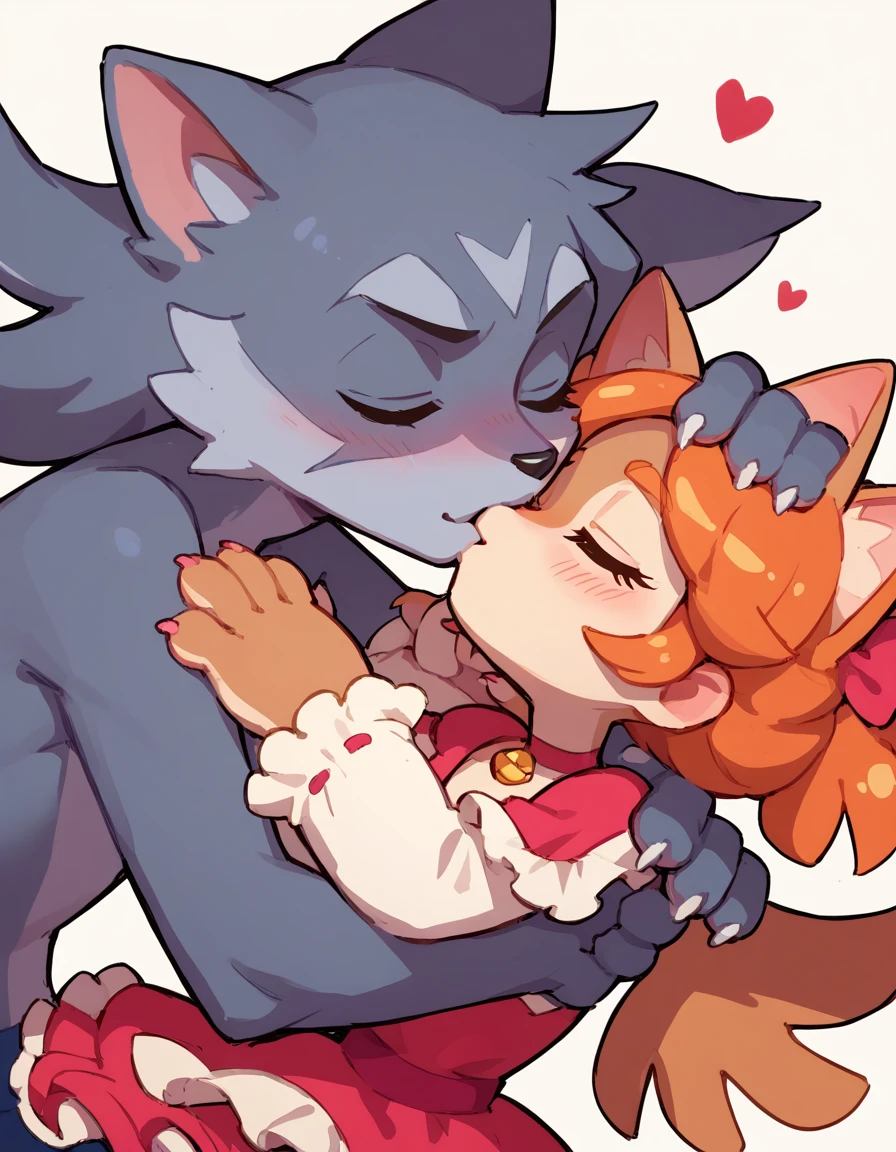 The Q version of the cute furry wolf kissing a cat, romantic, cure, love kissing