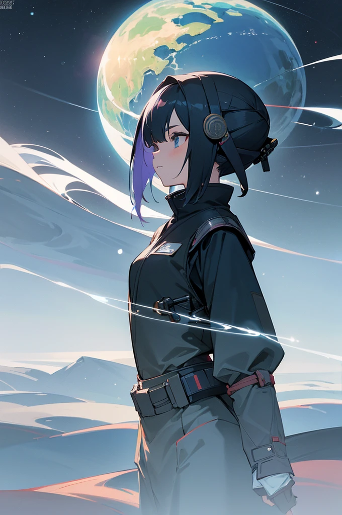 "Girl in sci-fi attire, masterful shinobi, cosmic katana, vast space, planetary wonders, (science fiction dreams), mist-shrouded landscape, captivating and surreal"