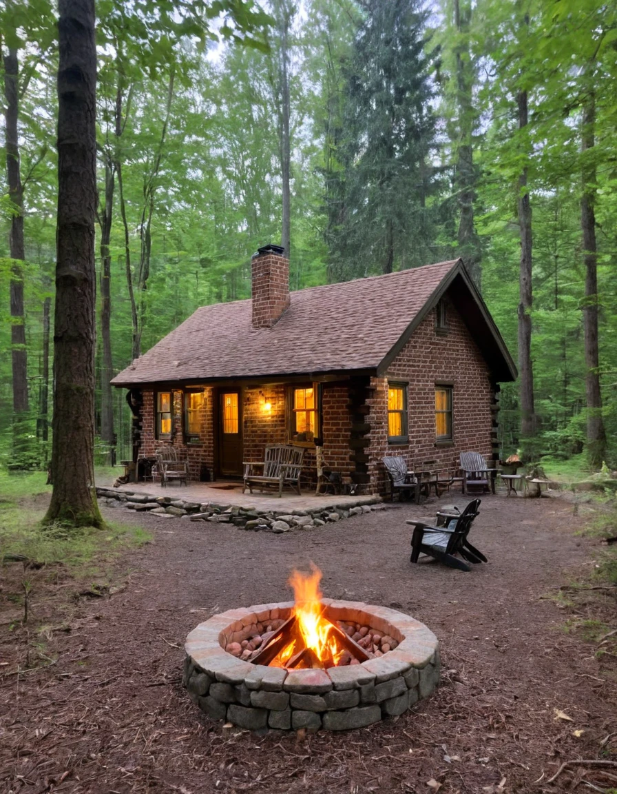 there is a small cabin with a fire pit in the middle of the woods, cabin in the woods, cottage in the woods, cottage in the forest, cozy place, cottagecore, witch cottage in the forest, a brick cabin in the woods, cottagecore!!, solitary cottage in the woods, log cabin, cozy and peaceful atmosphere