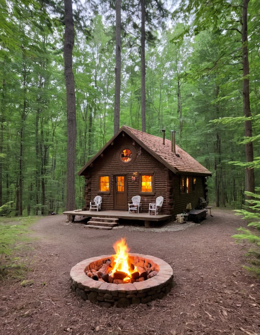 there is a small cabin with a fire pit in the middle of the woods, cabin in the woods, cottage in the woods, cottage in the forest, cozy place, cottagecore, witch cottage in the forest, a brick cabin in the woods, cottagecore!!, solitary cottage in the woods, log cabin, cozy and peaceful atmosphere