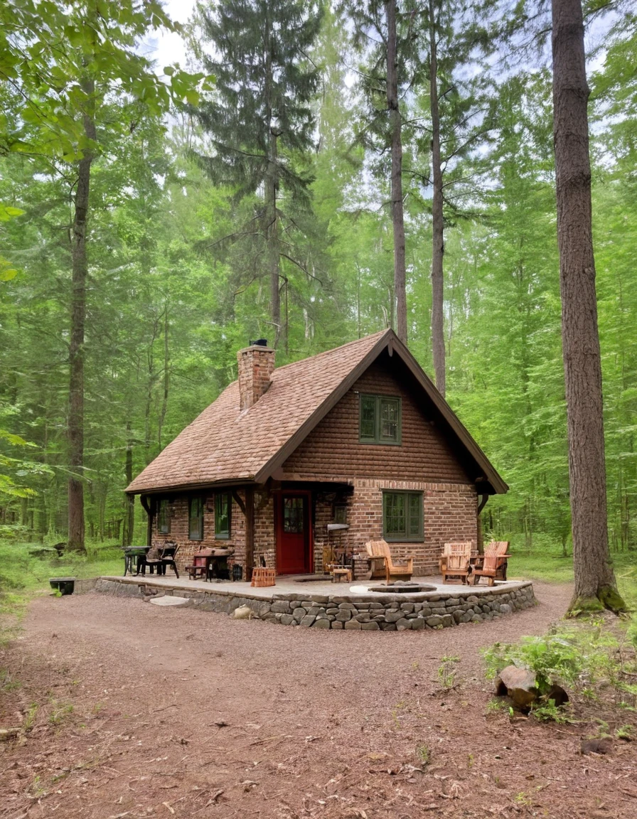 there is a small cabin with a fire pit in the middle of the woods, cabin in the woods, cottage in the woods, cottage in the forest, cozy place, cottagecore, witch cottage in the forest, a brick cabin in the woods, cottagecore!!, solitary cottage in the woods, log cabin, cozy and peaceful atmosphere