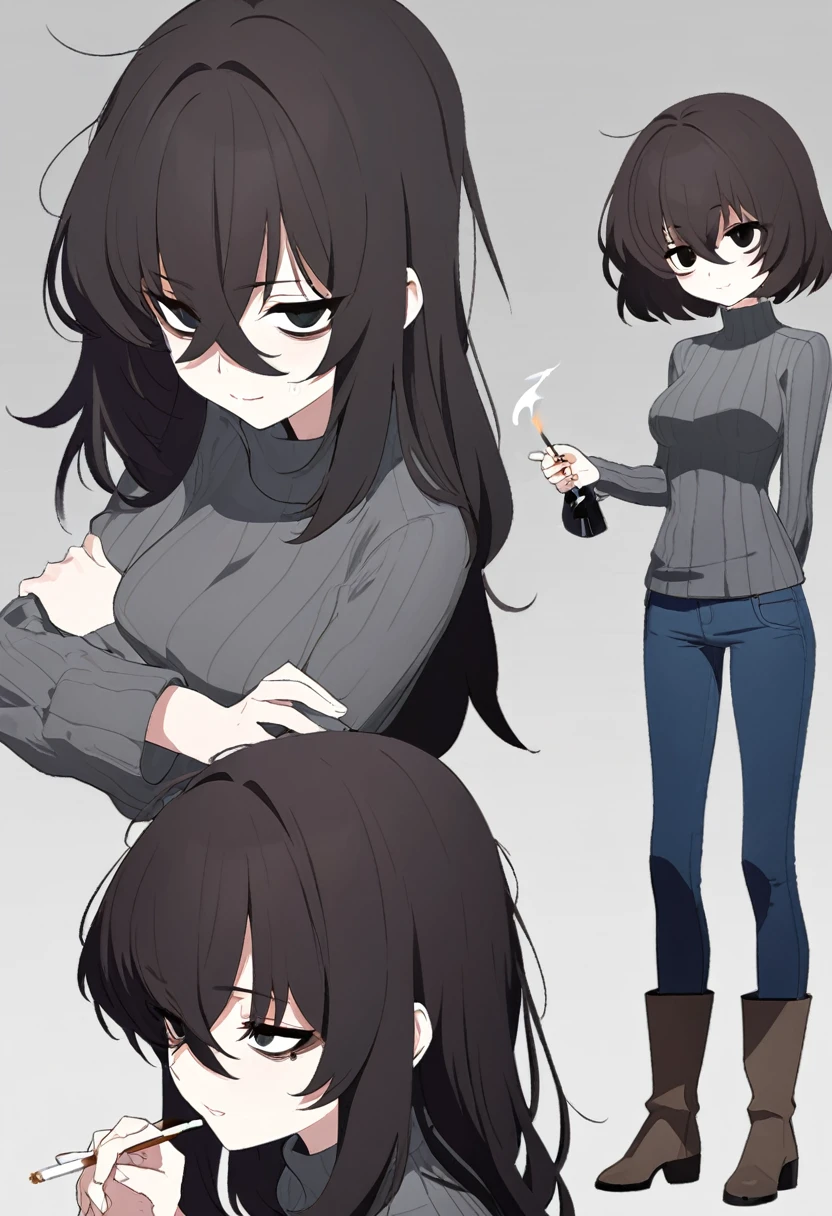 One Woman,Downer,older sister,Concept Art,Dark brown hair,Straight hair with slight inward curls,Staring eyes,Eye Ridge,black eye,Crossed bangs,whole body,smile,Slightly larger breasts,Gray background,Bangs that reach down to the eyes,Messy hair,Tight dark jeans,Gray turtleneck sweater,Multiple views of the same character,Character Design,Dark circles under the eyes,Bad look,Listless,Sloppy,Silver Jewelry,Cafe staff,Holding a cigarette,whole bodyCharacter Design,Detailed hands,Height: 170cm,boots,