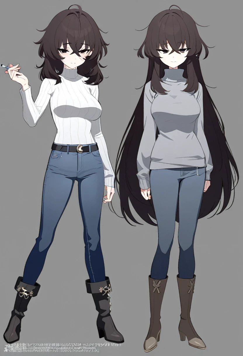 One Woman,Downer,older sister,Concept Art,Dark brown hair,Straight hair with slight inward curls,Staring eyes,Eye Ridge,black eye,Crossed bangs,whole body,smile,Slightly larger breasts,Gray background,Bangs that reach down to the eyes,Messy hair,Tight dark jeans,Gray turtleneck sweater,Multiple views of the same character,Character Design,Dark circles under the eyes,Bad look,Listless,Sloppy,Silver Jewelry,Cafe staff,Holding a cigarette,whole bodyCharacter Design,Detailed hands,Height: 170cm,boots,